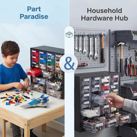 Nut And Bolt Organizer Cabinet With 24 Clear Drawers And 48 Adjustable Dividers For Screws, Fasteners, Washers And Small Parts, Heavy Duty Metal Storage, Stackable Wall Mount Hardware Case For Easy Reach And Quick Access. Used in workshop and home.