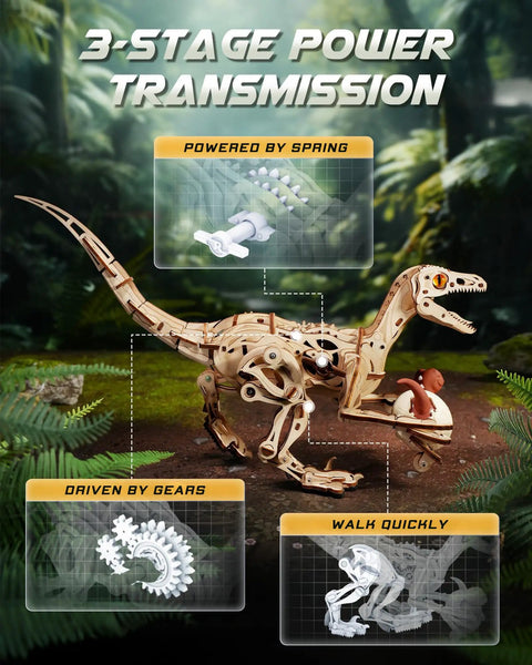 3D Velociraptor Wooden Puzzle Kit For Adults And Teens With 106 Pieces Realistic Gear Transmission System For Dynamic Two Legged Dino Build showing 3-stage power transmission