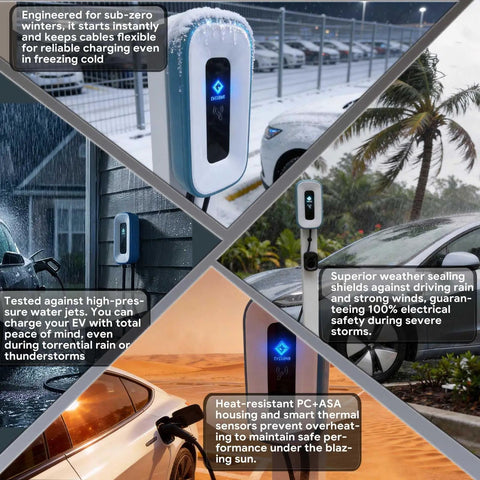 Straight Up Heavy Duty Level 2 EV Charger 50 Amp J1772 Wall Station with weatherproof features for various conditions.