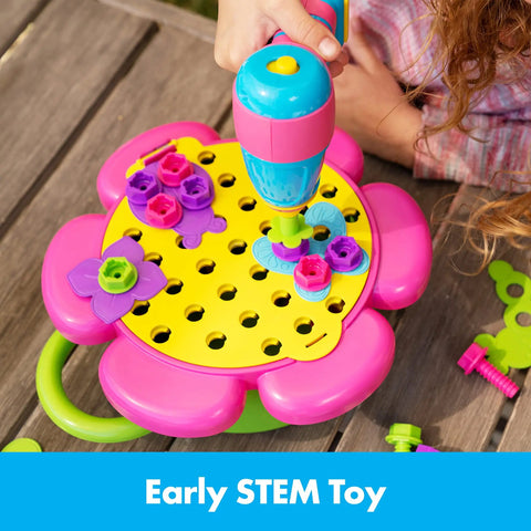 Toddler Design and Drill Flower Power Studio Kit for Hands On STEM Fun with Electric Drill Toy, flower board with bolts