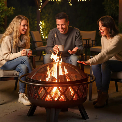 Group enjoying 30 Inch Outdoor Fire Pit With Spark Screen And Grill, Portable Wood Burning Patio Heater For Outside Backyards