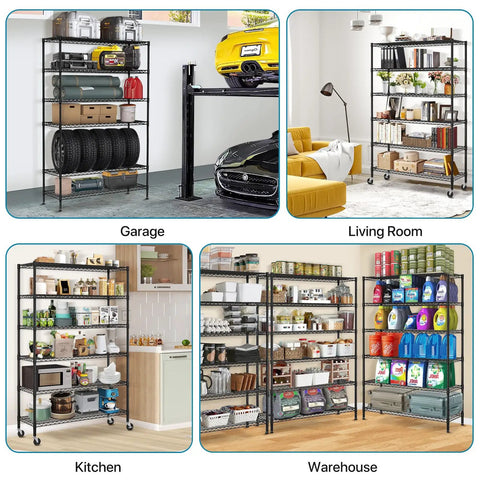 Heavy Duty Six Tier Steel Wire Shelving Unit Built Like A Beast Garage Storage Rack No Flex Frame Rolls Smooth On Ball Casters Adjustable Rock Solid NSF Approved Warehouse Rack Black 48 By 18 By 72 Inches Tall