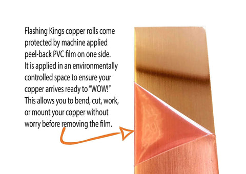 16oz Copper Sheet Metal Flashing 14 Inch Wide Roll with peel-back PVC film, lead-free mill finish, ideal for roof flashing and waterproofing