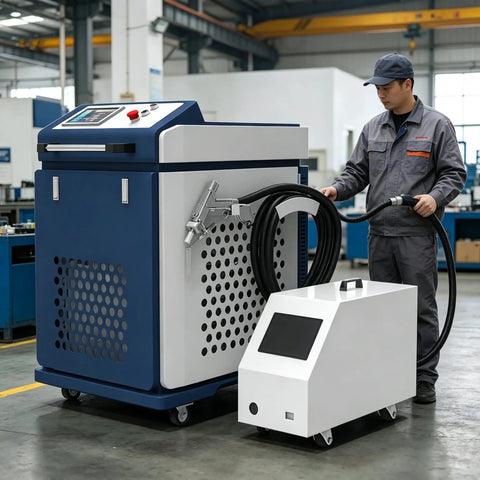 Portable Handheld Welder Machine Featuring Slick Digital Control Panel professional grade setup with wire feed in workshop.