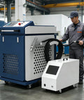 Portable Heavy Duty Handheld Welder With Automatic Wire Feeder And Digital Control Panel for garage use, shown with user.