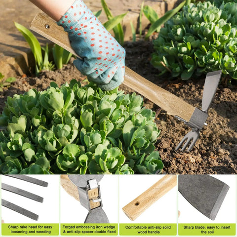 Gardener using 2 Piece Garden Hoe Tools Set With 15 Inch Carbon Steel Cultivator Hand Tiller And Hand Pick Axe, planted bed close-up