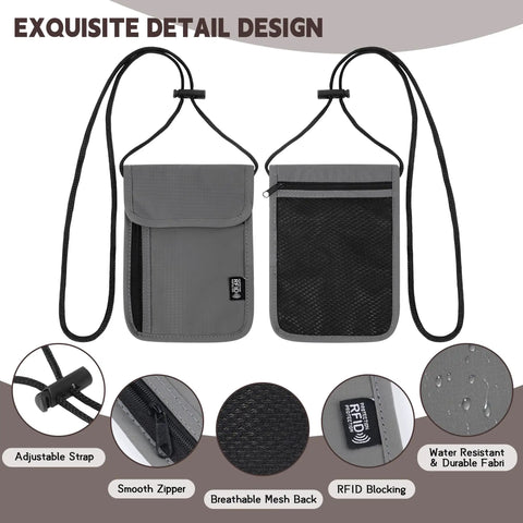 Travel Neck Wallet With Adjustable Strap And RFID Blocking Passport Holder - Lightweight Crossbody Neck Pouch in gray