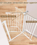 Walk Through Safety Gate For Doorways And Stairs With Auto Close And Hold Open, Pressure Mount No Screws Needed, Fits 29.1 To 33.8 Inch Openings, 30 Inch Tall White Gate For Easy Install And Wall Protection showing 180-degree double-direction door opening on wooden floor.