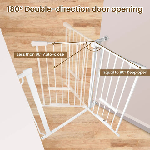 Walk Through Safety Gate For Doorways And Stairs With Auto Close And Hold Open, Pressure Mount No Screws Needed, Fits 29.1 To 33.8 Inch Openings, 30 Inch Tall White Gate For Easy Install And Wall Protection showing 180-degree double-direction door opening on wooden floor.