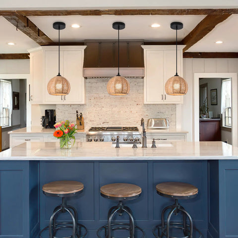Boho Woven Pendant Light Dome Chandelier in kitchen, Rustic Farmhouse Hemp Rope Rattan Ceiling Fixture, three lights above island