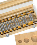 Heavy Duty Carbide Forstner Bit Set Features Sixteen Pro Woodworking Drill Bits in wooden case with clean holes for smooth boring.
