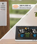 All In One Weather Station With Full Color LCD And Atomic Time Tracks Indoor And Outdoor Temperature Humidity With 330 Ft Wireless Sensor