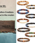 Bracelet Making Kit With 296 Beads, 10mm Natural Wooden Beads With Letters And Stone Beads, displayed with completed bracelets and box.