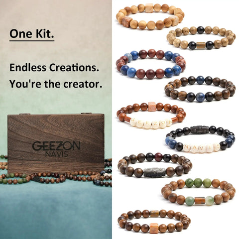 Bracelet Making Kit With 296 Beads, 10mm Natural Wooden Beads With Letters And Stone Beads, displayed with completed bracelets and box.