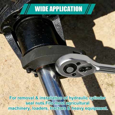 Adjustable Gland Nut Wrench For Hydraulic Cylinders, Beast Of A Spanner Tool For Farm And Construction Equipment, Fits 1266 And 7463, Replaceable Pin Design For Quick Nut Removal And Reinstallation in use on equipment