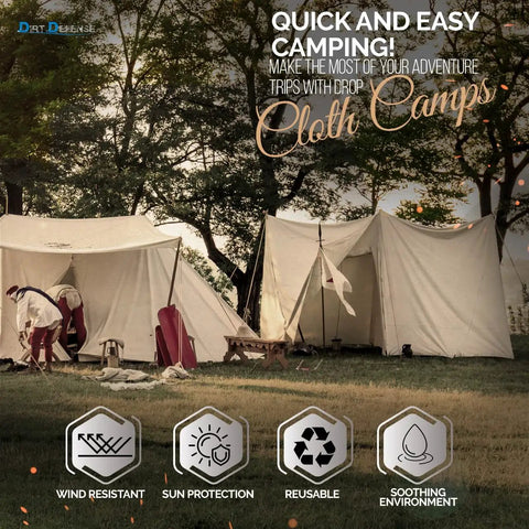 Camping scene with canvas tents showcasing wind resistant, sun protection, reusable, and soothing features.