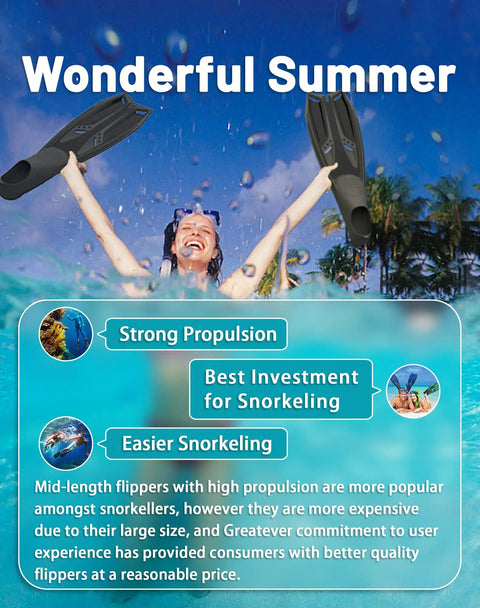 Woman enjoying water with snorkel fins in hands, promoting snorkel fins with full foot pocket for all day wear and low fatigue.