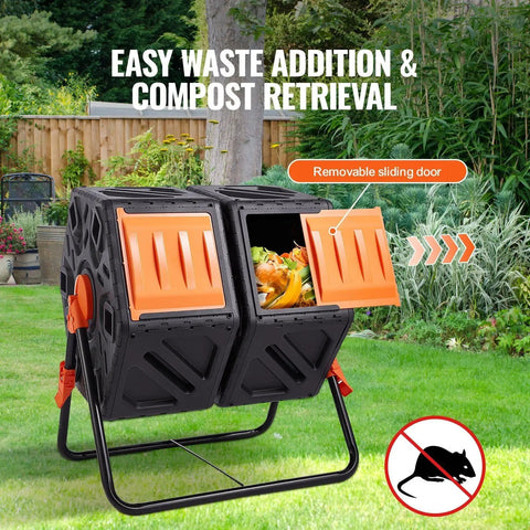 Dual Chamber Tumbler Compost Bin 37 Gallon Outdoor Rotating Bin With Sliding Doors and Steel Frame in garden setting