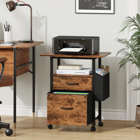 2 Drawer File Cabinet With 24 Inch Extended Desktop On Wheels Mobile Rolling Filing Cabinet With Fabric Drawers Fits A4 And Letter Size Printer Stand For Your Home Office Setup Light Brown, shown with printer on top