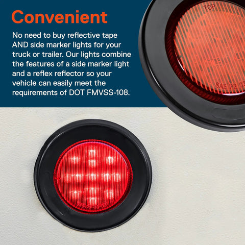 8pc 2.5 Inch Round LED Side Marker Light Kit 12V Amber And Red Waterproof IP67 Flush Mount Reflector Lens Grommet And Plugs DOT Approved For Boat Trailer Semi Truck RV, close-up of red reflector lens