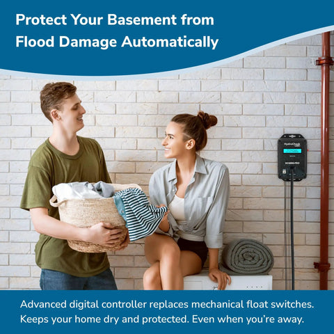Couple with Smart Sump Pump Float Switch And Performance Monitor HC6000 PRO in home basement setting