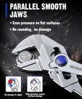 Mini Pliers Wrench 4 Inch With Smooth Parallel Jaws gripping a coin, featuring anti rust coating and tough alloy steel.