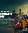 A gorilla holding a Lever Hoist 360 Degree Manual Ratchet Chain Puller, wrapped in the American flag, industrial background.