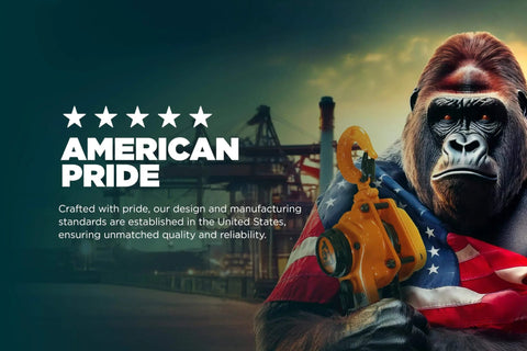 A gorilla holding a Lever Hoist 360 Degree Manual Ratchet Chain Puller, wrapped in the American flag, industrial background.