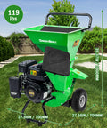 3 In 1 Wood Chipper Shredder Mulcher MF30 Heavy Duty Gas Powered 7HP 212cc with 3 Inch Capacity in a green backyard setting.