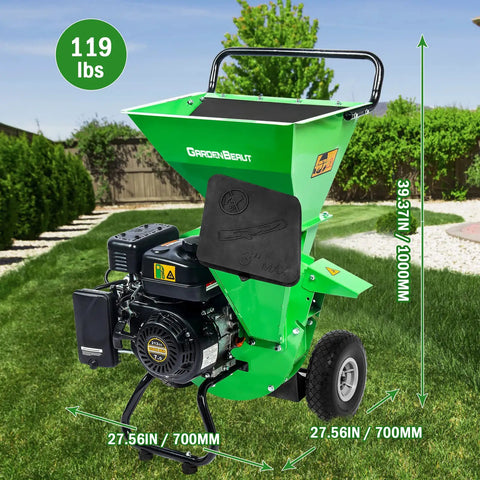3 In 1 Wood Chipper Shredder Mulcher MF30 Heavy Duty Gas Powered 7HP 212cc with 3 Inch Capacity in a green backyard setting.