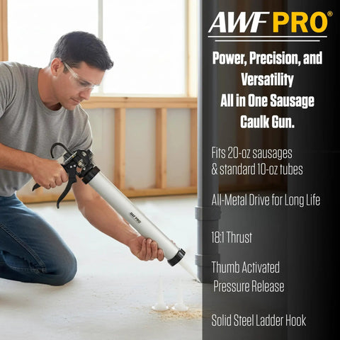 Man using Sausage Caulking Gun With Convertible 20 Oz Foil Pack And 10 Oz Cartridge, 18 To 1 Thrust Ratio, Aluminum Barrel