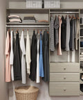 Rock Solid Dual Tower Closet Organizer Kit With Weathered Grey Finish and Slick Wall Mounted Steel Rail System Featuring Game Changing Drawers for Effortless Home Organization and No Fuss Assembly with clothes and baskets.