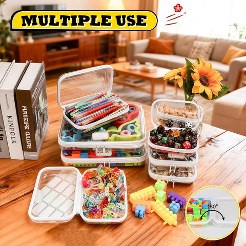 10 Pack Clear Hard Shell Zipper Cases For Organization And Storage, various items displayed in clear cases, living room setting