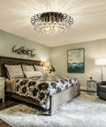 Dope Black Crystal Floral Chandelier 4 Light Fixture Dimmable Flush Mount Ceiling Light With Raindrop Crystals in bedroom