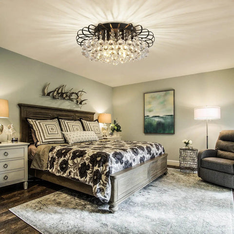 Dope Black Crystal Floral Chandelier 4 Light Fixture Dimmable Flush Mount Ceiling Light With Raindrop Crystals in bedroom