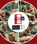 Kickass Portable Chainsaw Mill Guide Rail Positioner Featuring Hella Heavy Duty Steel Frame, toolkit and users milling timber outdoors.