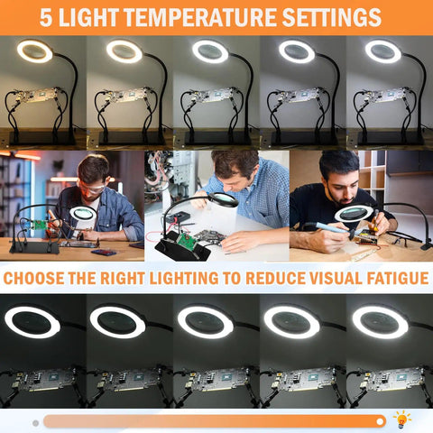 Helping Hands Soldering Station With 10X Magnifying Glass And Built In Light, Stand And PCB Holder demonstrating 5 light settings