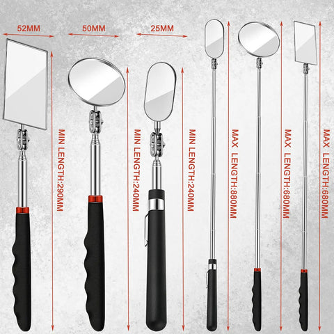 Three Piece Telescoping Inspection Mirror Set With Round, Square, And Oval Styles For Automotive And Home Use