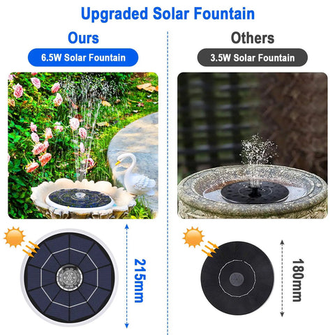 Comparison of solar bird bath fountains: 6.5W with LED lights on the left, and 3.5W on the right.