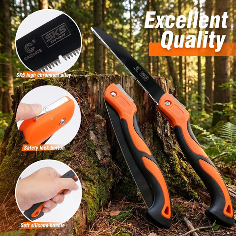 Built Tough As Nails 12 Inch Folding Hand Saw Featuring Durable High Manganese Steel Teeth For Quick Tree Trimming And Garden Pruning Lightweight Camping Gear That Truly Slays with orange handle and SK5 blade.