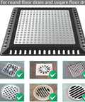 Top Shelf Stainless Steel Shower Drain Hair Catcher in square shape, shown fitting various drain types, 4.9 inches, sleek design.
