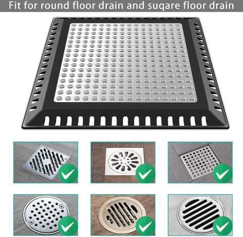 Top Shelf Stainless Steel Shower Drain Hair Catcher in square shape, shown fitting various drain types, 4.9 inches, sleek design.