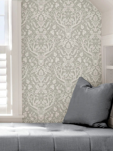 Taupe Forest Peel And Stick Wallpaper For Walls DIY Friendly Removable Self Adhesive Decor That Is Easy To Install And Remove With Damask Pattern 20.5 In X 18 Ft Roll Size applied to an accent wall with damask design next to a window.