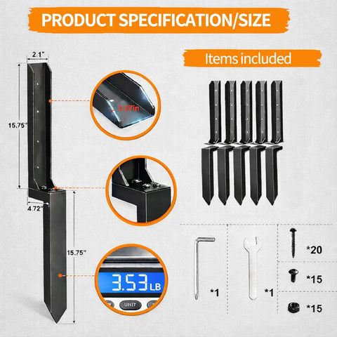 Heavy Duty Fence Post Repair Kit With Five Repair Stakes For Fixing 4x4 And 6x6 Wooden Posts Quick Leaning Post Support No Hassle Post Removal Needed Strengthen Fences Fast With Durable Braces And Screws, showing product dimensions and included items.
