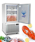 Heavy Duty Commercial Kitchen Workhorse Blast Chiller And Freezer Featuring 15 Stainless Steel Trays 220 Volt Motor And Digital Probe For Smokin Fast Flash Cooling Restaurant Ready, showcasing seafood and digital display.