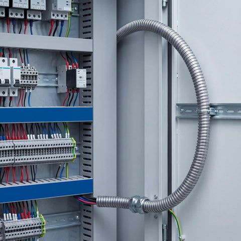 Heavy Duty Flexible Stainless Steel Electrical Wiring Conduit With Dang Smooth Burr Free Bore in an electrical control cabinet.