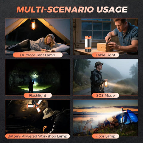 Multiple views of All In One Portable Camping Light With Stand, 20000mAh Outdoor Work Light, used as tent lamp, table light, and more.
