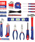DIY Ready Home Tool Kit With 100 Piece Hand Tool Set for kitchen drawers and household tasks, displayed tools and pouch.