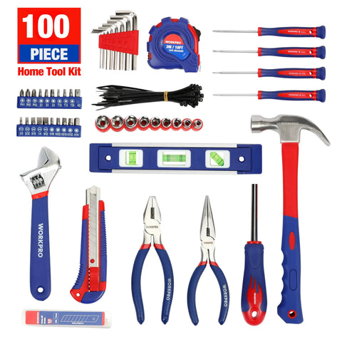 DIY Ready Home Tool Kit With 100 Piece Hand Tool Set for kitchen drawers and household tasks, displayed tools and pouch.