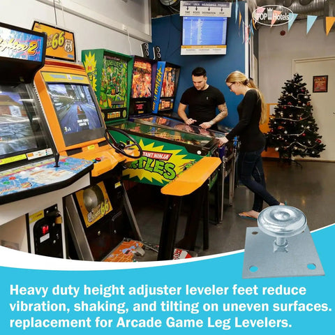 Heavy Duty 2 Inch Leg Levelers Set With Square Metal Plate for Arcade Game Cabinets, shown in a gaming setup, four pack.